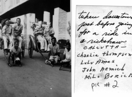 GIs waiting for ride in rickshaws in downtown Calcutta during WWII. Charlie Thompson, Lulu Ames, John Armich, and Milo Borich.