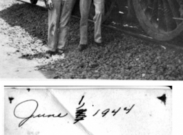 Frank Green and Bob Beattie, Inspector, look over train engine in the CBI during WWII. June 1, 1944.  Photo from Joe Sealy.