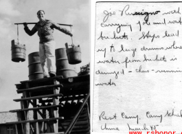 Joe Ruscigno carrying water buckets to fill large drums at Camp Schiel, March 1945.