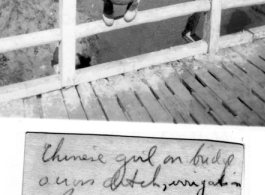 Chinese-American girl on bridge near Kunming, China, 1945.