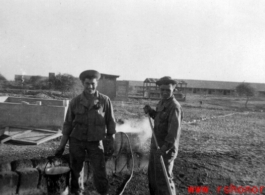 Fernand Arel & unknown person at K.P. (kitchen patrol),  New Malir, Dec. 1942.