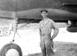 S/Sgt Wilbert 'Willie' Beausoliel, aircraft mechanic with the 491st Bombardment Squadron, Yangkai, posing with B-25 tail #448 about June 1944.  (Info courtesy Tony Strotman)