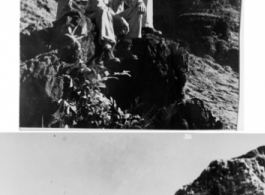 Capt. Penick, Lt. Fraker, and Capt. Grove, stand at an American base (either Guilin or Liuzhou) in Guangxi province, China, during WWII.