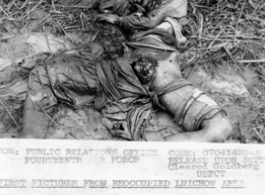 Death Comes To A Japanese Soldier Fourteenth Air Force Headquarters, In China--  Japanese retreating toward Liuchow did not bother to bury their dead. This horrible picture of a dead Jap soldier show that the Nips are far from invincible.