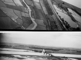 A railway bridge is bombed by American aircraft along a river, probably in SW China, Indochina, or the China-Burma border region.