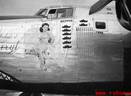 Nose art of a Consolidated B-24 bomber "Miss Beryl." In China during WWII, most likely at Luliang.