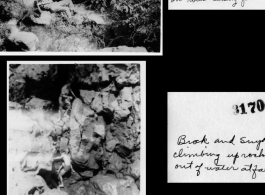 "Brock and Snyder climbing up rocks out of water at falls."  A dam and and falls about 8 miles southeast of the Luliang air base area in Yunnan province, China, where the GIs went to swim and relax. During WWII.