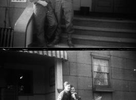 Two American GIs stateside during WWI, standing before building "T-609," presumably at a military base.