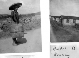 Chinese man carrying baskets, and Hostel #11, Kunming, during WWII.