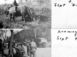 Daily life around Kunming in China during WWII, including a kid riding a buffalo, and coffin being carried on the street.