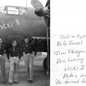 Peter Fensel 22nd sg. Jim Flanagan 491st, Dan Loring 11sg (left to right) . Vicki II was Pete's airplane (re-ferried from U.S.)  James Flanagan, pilot/Ops Officer 491st Bm Sq, then Ops Officer 341st Bm Grp. Jim was leader of the four 491st B-25s which, along with 4 11th Squadron planes led by Dan Loring (mission leader) departed Luichow (Liuzhou) on 16 Oct 44 to attack Japanese shipping in Victoria Harbor, Hong Kong as part of the 14th Air Force's all out effort. 