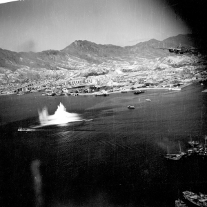 Bomb explosion on a mission on Hong Kong, 491st Bomb Squadron. Victoria Harbor, Hong Kong, October 16, 1944 Extracted from "The Record – 11th Bomb Squadron" Created by Squadron Personnel in 1945