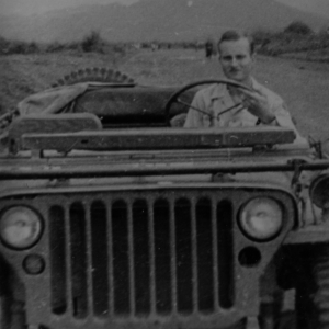 Ira Reiber driving a jeep in Dushan, Guizhou province (贵州省独山) during WWII in the CBI. 1945.