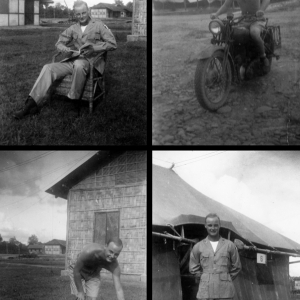 William Pribyl, 961st Petroleum Products Laboratory, in various poses in India: In front of tent, on motorcycle, reading a book, with a dog. During WWII.