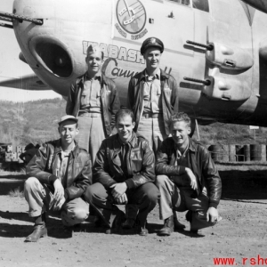 491st Bomb Squadron air crew at Yangkai, China, with the B-25H "Wabash Cannonball". In back are Lt. Jack H. Wilson (pilot) and Lt. Russell M. Howard (navigator), with S/Sgt Ira M. Brown (gunner; kneeling, far left), T/Sgt. Donald Gralla (radio) , and  S/Sgt Leonard J. Bendinsky (flight engineer).