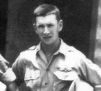 1st Lt. Van N. Moad in a group image of American flyers in Karachi, August, 1944. Born March 6, 1922, from Nampa, Idaho. He was a member of 8th Fighter Squadron, 3rd Fighter Group, CACS, and disappeared on a flight from Liangshan to Hankou flying P-51C #42-106971,"Big Blue Eyes,"  dated January 14, 1945. Declared dead January 15, 1946.  Canyon County, Idaho.