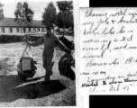 Worker with carrying pole at Hostel #3, Kunming, October 1945. Barracks B-5 in background.