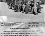 Bus for base transportation made of salvage parts by Chinese craftsmen, at 14th Air Force base.   Left to right: Cpl. Donald H. Beck, Pfc Carl H. Gossett, Lt. Arthur T. Esposito, T/Sgt. James P. Shearman, T/5 Leroy E. Terry.