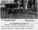 Lt. Gen. Dan I Sultan gives a speech at the Burma Road opening ceremonies at Wanting. In the background (left to right) are Maj. Gen. H. C Davidson, General C. L. Chennault.