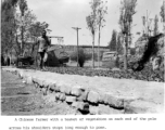 A farmer in northern China with baskets on a shoulder pole. Note the old town wall in the background.  Photo from Dorothy Yuen Leuba.