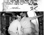 An airdrop of  rice supplies near the Salween River by 14th Air Force crew, from 7500 feet elevation. Twelve 100-lb bags are readied, then pushed out. Kicker on floor is Cpl. Albert A. Baneroft, and on the background Cpl. Milton Chapman, foreground is Pvt. Robert Minnis, and pushing out rice is T/Sgt. Clifford Spiegelbert.