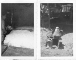 A worker makes a cotton felt blanket by vibrating a string through piles of loose cotton; Large tea kettle on raised holder to allow it to be tipped easily. During WWII in China.