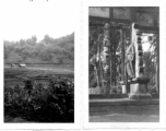 Farm paddies with raised sheds used to watch the fields at night as the produce matures; GI standing in archway. During WWII.