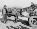 Chinese family hauling items by donkey cart  on an American base poses for the camera. In China during WWII.