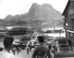 Looking over the river across the floating bridge towards Horse-saddle Mountain (马鞍山) in Liuzhou city, Guangxi province, during WWII.