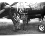 Four GIs pose in Luliang before B-25 "Howe's About It."  Henry Weiss, Tec 4, 219th Signal Depot Company, standing on the far right. During WWII.