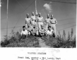 Weather station personnel: Cpl Lacy, Capt Stuart, Pfc Rosene, Sgt Bair, Sgt Wilson, Cpl Sither, Lt Smith, Cpl Lochheed, along with Chinese personnel. Likely in either Ankang or Suichuan, China. During WWII.