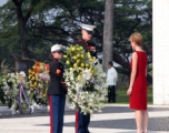 U.S. Ambassador Keeney inspects a wreath on Memorial Day 2006.  Photo by Dave Dwiggins.