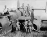 Johnson, Macaluso, Gornick, Lemmon pose with a crashed "Rum Runner" B-25 in Liuzhou June 1944.  William "Wild Bill" Gornick completed his required 200 combat flying hours on "Rum Runner" as it crash landed  following  a  mission against Tien Ho airbase.  Bill assisted the maintenance personnel with salvaging all the useable parts they could until he left for the USA a few days later.