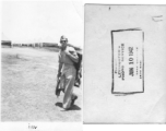 1st Lt. Irving Woodrow DeGon passes in front on tent carrying flying gear while in training.  Finished on June 1, 1942, by Levingston's Photo Service, Lake Charles, Louisiana. This is during his period of advanced training at Barksdale Field, Louisiana.