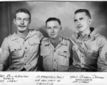 American flyers and a friendly Scot in Calcutta in 1943.   "T/Sgt. Roy Whistle (radio, my crew), a friendly Scot we all met in Calcutta, T/Sgt. Russell Doman, engineer, my crew.  During WWII.