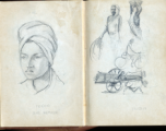 The wartime notebook of S/Sgt. Tom L. Grady. In his notebook, as a talented and curious young artist while in the CBI, he recorded scenes and vignettes that he saw in his life. He also recorded names and contact info for the people he met.  "India. Our 'bearer.'"