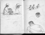 The wartime notebook of S/Sgt. Tom L. Grady. In his notebook, as a talented and curious young artist while in the CBI, he recorded scenes and vignettes that he saw in his life. He also recorded names and contact info for the people he met.  "Africa. Pulling in fish nest at Accra.  Pawling, N. Y."