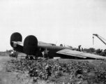 Salvage of a broken B-24 "WE'REWOLVES", crashed on take-off crash on March 20th, at Panagarh. Upon crash, live bombs were spewed out of the bomb bay. Fortunately the arming pins were still in the fuses. Speculation of some was that the accident was caused by loss of lift due to the negative angle of attack caused by a high speed take-off.