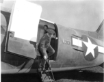 Major Gen. A.C. Wedemeyer and Brig. Gen. Frank Dorn leaving plane at Tengchong airport.  December 18, 1944.  Photo by T/Sgt. S. L. Greenberg. 164th Signal Photographic Company, APO 627.  Passed by William E. Whitten.