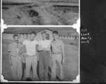 Radar men at Chenggong air base, Yunnan, China. During WWII.  Ash, Bill Lesak, Marion "Marty" Martin, Tom Cook.  374th Bombardment Squadron B-24 "Massa's Dragon" #42-109862 in revetment at Chenggong.