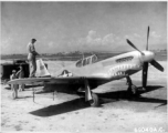 At this point, with full unit markings not yet applied, GIs in China use a decontamination unit to wash down the North American P-51 #42-106971 nicknamed "Big Blue Eyes." August 7, 1944.  The "Mustang" fighter and pilot were lost on January 14, 1945 while assigned to the 8th Fighter Squadron (Provisional), 3rd Fighter Group (Provisional), CACW, with 1LT Van N. Moad, Jr. at the controls.