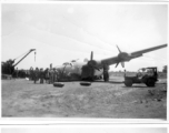 Salvage of a broken B-24 "WE'REWOLVES", crashed on take-off crash on March 20th, at Panagarh. Upon crash, live bombs were spewed out of the bomb bay. Fortunately the arming pins were still in the fuses. Speculation of some was that the accident was caused by loss of lift due to the negative angle of attack caused by a high speed take-off.