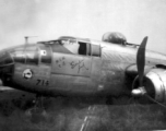 3rd Bomb Squadron's B-25J "Smilin' Jack" (named after the popular 3rd Bomb Squadron commander, Maj. Jack M. Hamilton, thence “Smilin’ Jack”). This B-25, A/C #714, serial #43-27809, was taking off from Liangshan on mission #112A to bomb and strafe railroad yards at Loyang when the pilot lost control and crashed just to the side of the runway.  3nd Bomb Squadron (Provisional) was assigned to 1st Bomb Group (Prov.) of Chinese American Composite Wing, attached to Fourteenth Air Force 1943-1945.  (Thanks to info