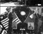 Burma Road dedication ceremony in Kunming, China, on February 4, 1945, during WWII. Review of first convoy (or one of the first convoys) to reach China. General view of the stage and reviewing party, with American and Chinese dignitaries, soldiers, and civilian VIPs. An American band plays, and an honor lines on both sides of the center carpet stand in formation.  Official dignitaries at the ceremony included, on the Chinese side, such figures as General Lung Yun, Governor of Yunnan Province,  Gen. Wang Yu-