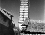 Pagoda in Dali, Yunnan province, China, during WWII. This is one of three pagodas within a single walled compound. The compound a had been appropriated for use by Nationalist troops. Later, after the communist revolution, the compound was also used by troops, but by PLA troops.