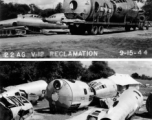 Salvage of damaged B-29 bomber parts in the CBI during WWII, September 15, 1944. "22 A G V-12 RECLAMATION."  Image from U. S. Government official sources.