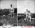 James Vaughn and Robert Zolbe pose in front of garden, including corn, in China during WWII.