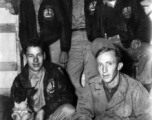 American servicemen in the CBI, posing together (with their dog) in their barracks at an base, possibly Yangkai.  Back (left to right):  John Johnson, Francis E. Strotman, Joseph Siana; Front: Jacob L. Rosencrantz, unknown.