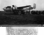 Pat O'Brien and Jinx Falkenburg look over a B-25 of the Chinese-American Composite Wing (CACW) at Liuzhou (Liuchow), China, during a tour of the China-Burma-India Theater (CBI) of Operations with a camp show.  In the background coolies pull up carts loaded with gasoline drums.  11-2-1944