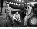 T.T. Hale, S. Seidler, G. Feldman at Guilin (Kwelin) base, in Guangxi province, China, during the Second World War in front of a P-40.  Selig Seidler was a member of the 16th Combat Camera Unit in the CBI during WWII.